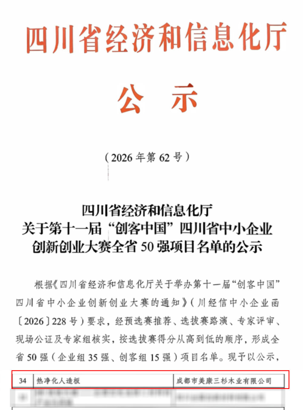 热康板项目入选四川省经信厅“创客中国”创新创业大赛全省50强